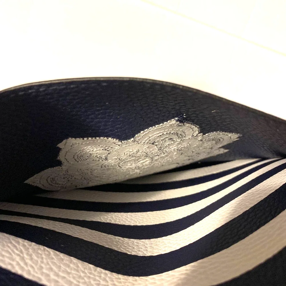 Navy Blue and White Striped Upcycled Faux Leather Embroidered Tote Bag‎